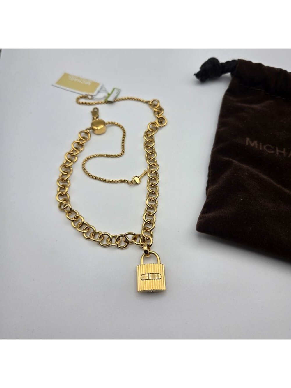 Michael Kors Gold-Tone Chain Bracelet With Lock Pendant Velvet Pouch
